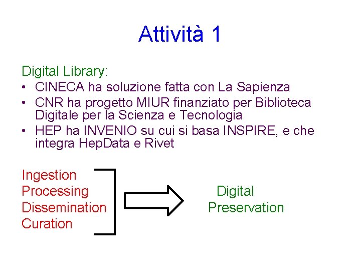 Attività 1 Digital Library: • CINECA ha soluzione fatta con La Sapienza • CNR