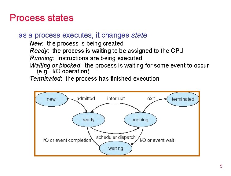 Process states as a process executes, it changes state New: the process is being