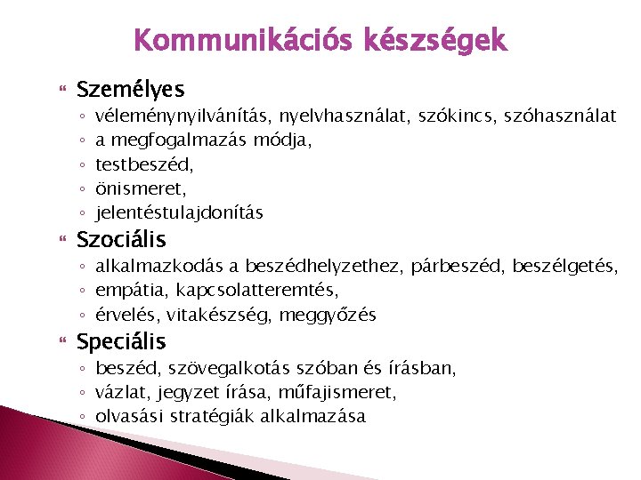 Kommunikációs készségek Személyes ◦ ◦ ◦ véleménynyilvánítás, nyelvhasználat, szókincs, szóhasználat a megfogalmazás módja, testbeszéd,
