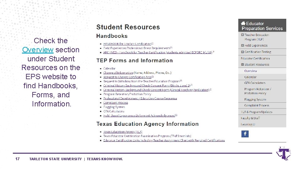 Check the Overview section under Student Resources on the EPS website to find Handbooks,