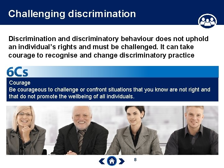 Challenging discrimination Discrimination and discriminatory behaviour does not uphold an individual’s rights and must