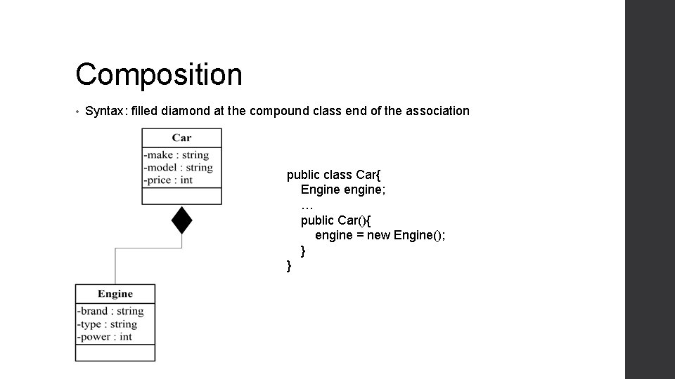 Composition • Syntax: filled diamond at the compound class end of the association public