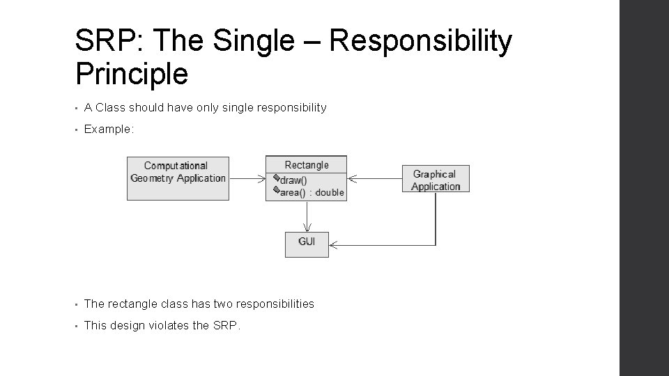 SRP: The Single – Responsibility Principle • A Class should have only single responsibility