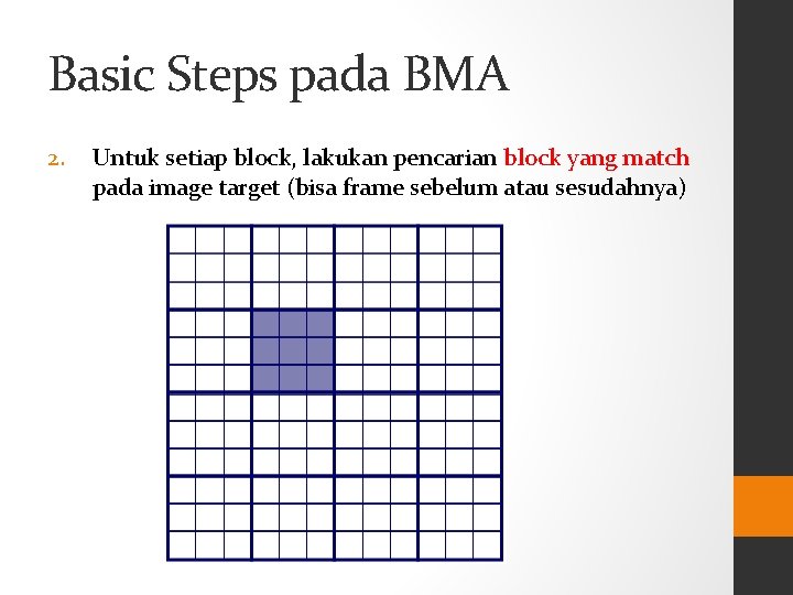 Basic Steps pada BMA 2. Untuk setiap block, lakukan pencarian block yang match pada