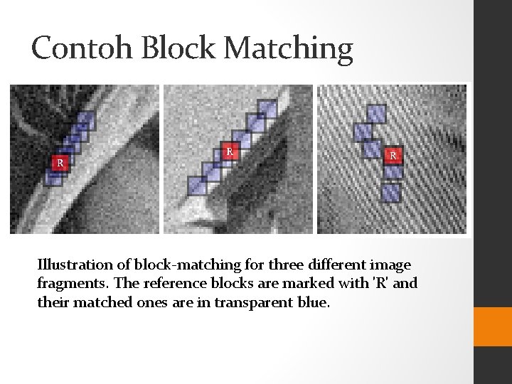 Contoh Block Matching Illustration of block-matching for three different image fragments. The reference blocks