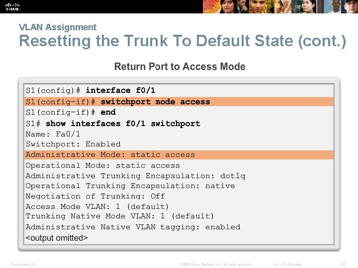 VLAN Assignment Resetting the Trunk To Default State (cont. ) Presentation_ID © 2008 Cisco