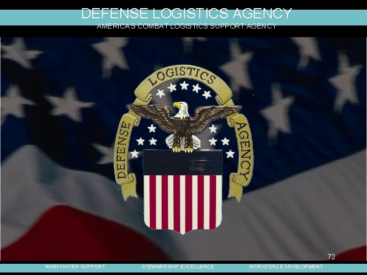 DEFENSE LOGISTICS AGENCY AMERICA’S COMBAT LOGISTICS SUPPORT AGENCY 72 WARFIGHTER SUPPORT STEWARDSHIP EXCELLENCE WORKFORCE