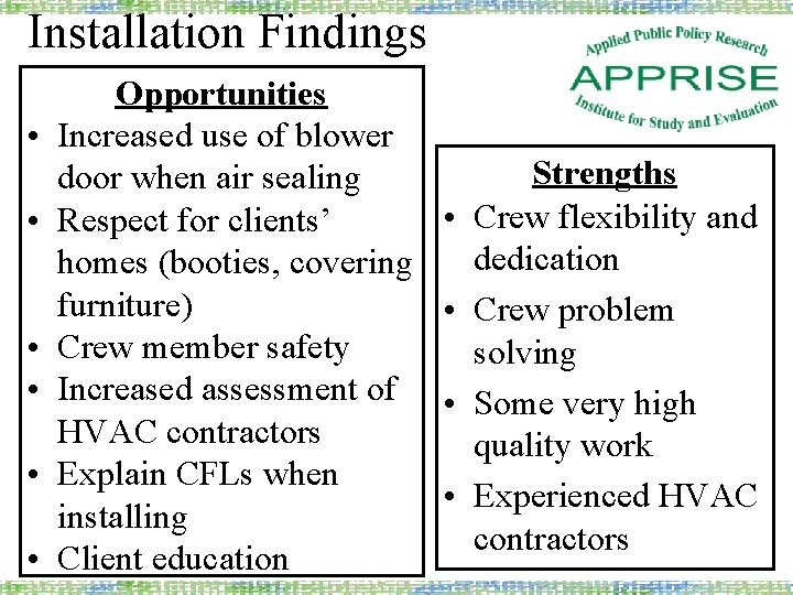 Installation Findings • • • Opportunities Increased use of blower door when air sealing