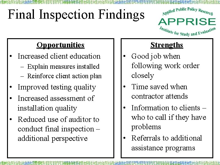 Final Inspection Findings Opportunities • Increased client education • – Explain measures installed –