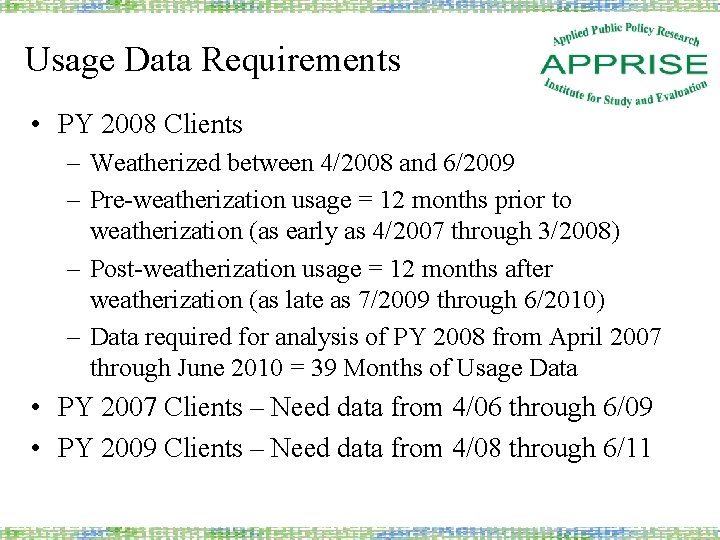 Usage Data Requirements • PY 2008 Clients – Weatherized between 4/2008 and 6/2009 –