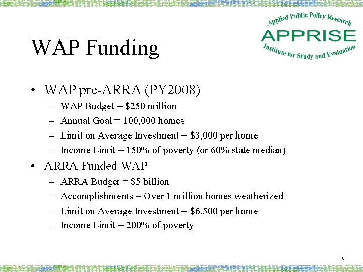 WAP Funding • WAP pre-ARRA (PY 2008) – – WAP Budget = $250 million