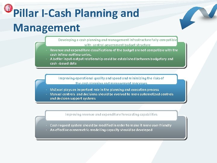 Pillar I-Cash Planning and Management Developing a cash planning and management infrastructure fully compatible