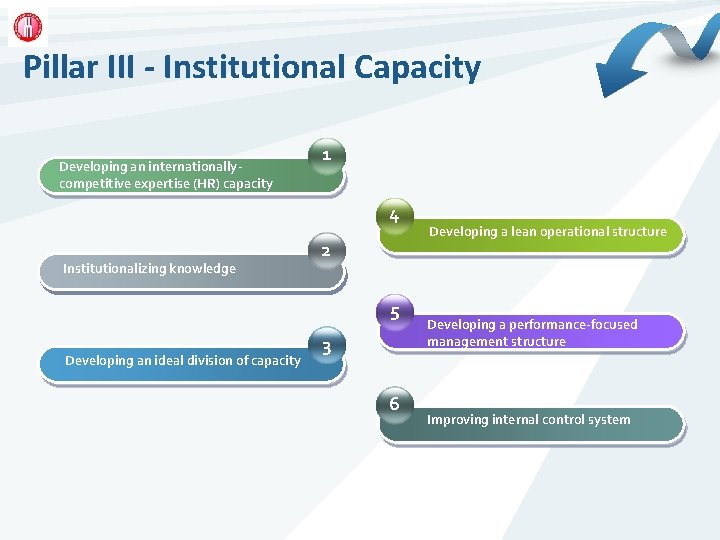 Pillar III - Institutional Capacity Developing an internationallycompetitive expertise (HR) capacity 1 4 Institutionalizing