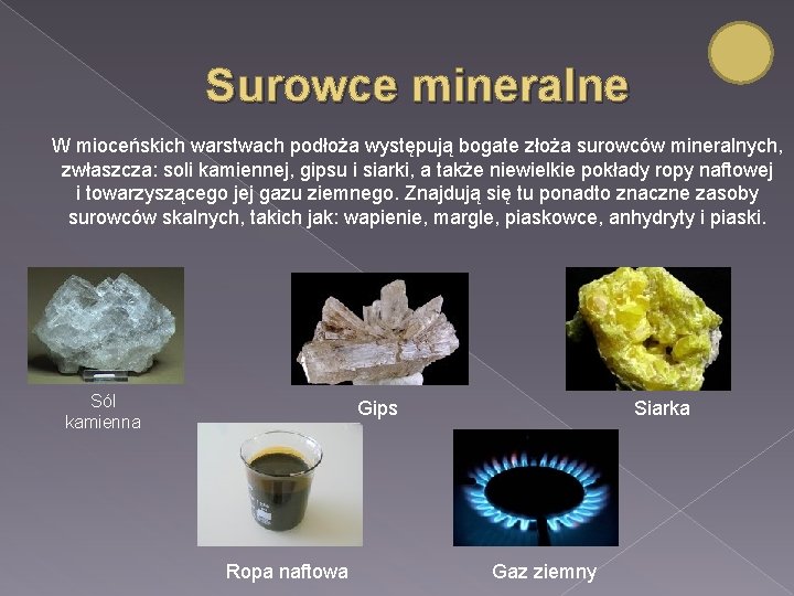 Surowce mineralne W mioceńskich warstwach podłoża występują bogate złoża surowców mineralnych, zwłaszcza: soli kamiennej,