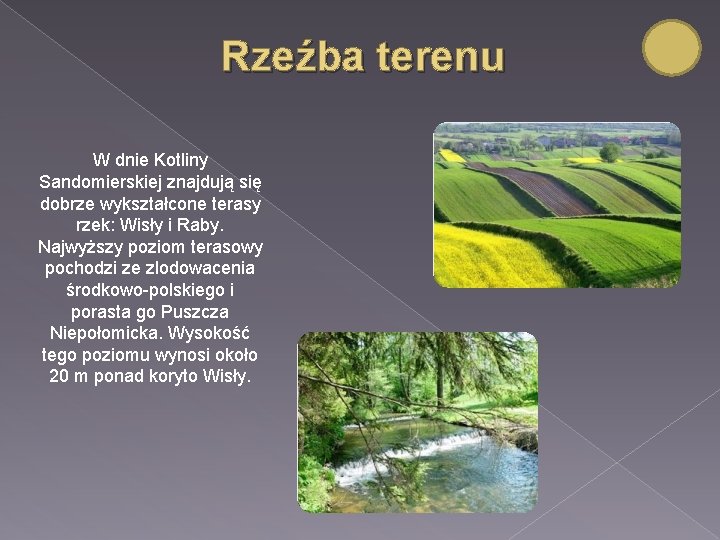 Rzeźba terenu W dnie Kotliny Sandomierskiej znajdują się dobrze wykształcone terasy rzek: Wisły i