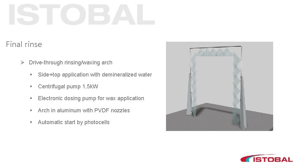 Final rinse Ø Drive-through rinsing/waxing arch § Side+top application with demineralized water § Centrifugal