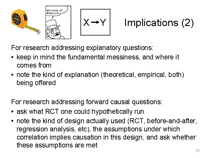 X Y Implications (2) For research addressing explanatory questions: • keep in mind the