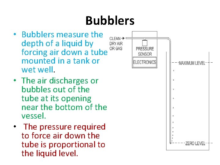 Bubblers • Bubblers measure the depth of a liquid by forcing air down a