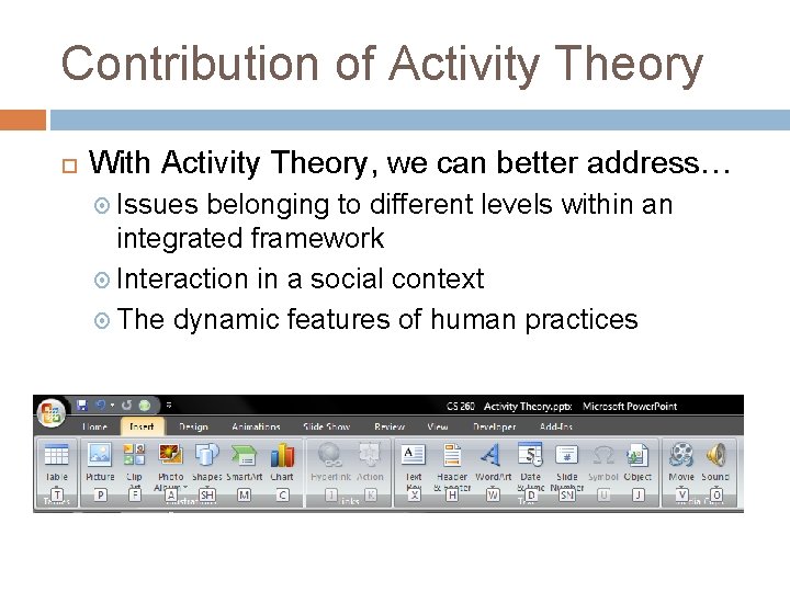 Contribution of Activity Theory With Activity Theory, we can better address… Issues belonging to Contribution of Activity Theory With Activity Theory, we can better address… Issues belonging to