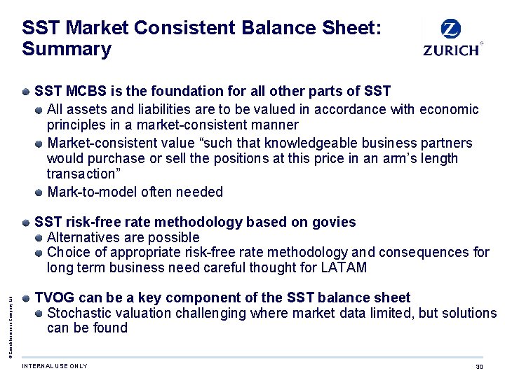 SST Market Consistent Balance Sheet: Summary SST MCBS is the foundation for all other