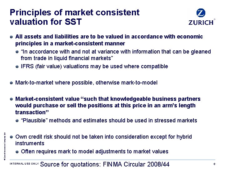 Principles of market consistent valuation for SST All assets and liabilities are to be