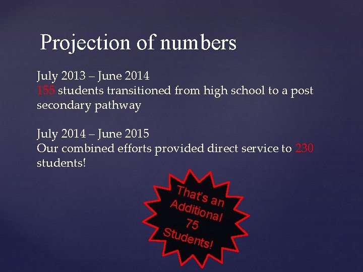 Projection of numbers July 2013 – June 2014 155 students transitioned from high school
