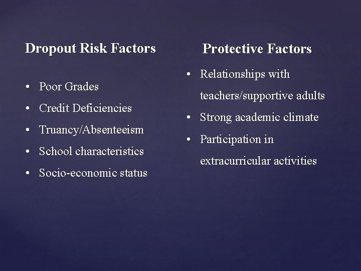 Dropout Risk Factors • Poor Grades • Credit Deficiencies • Truancy/Absenteeism • School characteristics