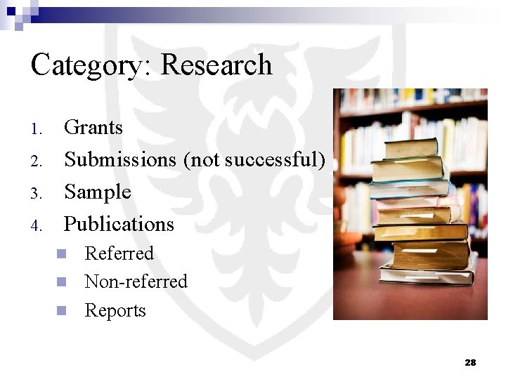 Category: Research 1. 2. 3. 4. Grants Submissions (not successful) Sample Publications Referred n