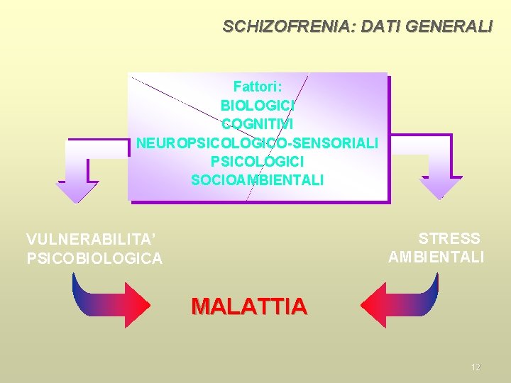 SCHIZOFRENIA: DATI GENERALI Fattori: BIOLOGICI COGNITIVI NEUROPSICOLOGICO-SENSORIALI PSICOLOGICI SOCIOAMBIENTALI STRESS AMBIENTALI VULNERABILITA’ PSICOBIOLOGICA MALATTIA