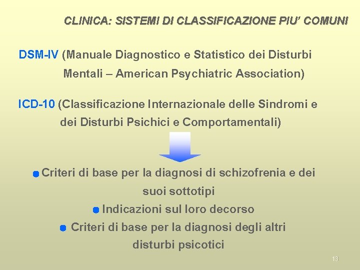 CLINICA: SISTEMI DI CLASSIFICAZIONE PIU’ COMUNI DSM-IV (Manuale Diagnostico e Statistico dei Disturbi Mentali