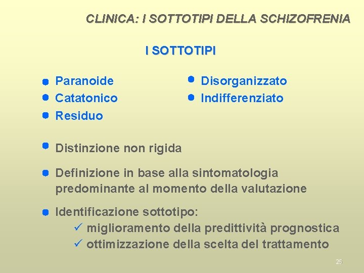 CLINICA: I SOTTOTIPI DELLA SCHIZOFRENIA I SOTTOTIPI Paranoide Catatonico Residuo Disorganizzato Indifferenziato Distinzione non