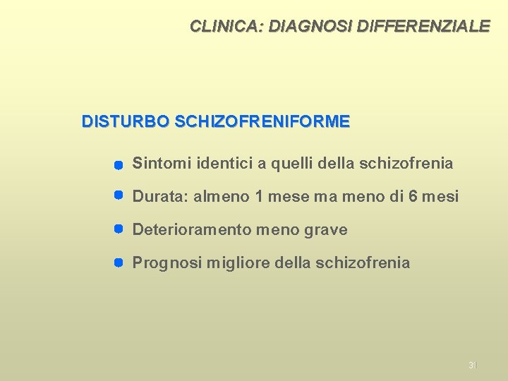 CLINICA: DIAGNOSI DIFFERENZIALE DISTURBO SCHIZOFRENIFORME Sintomi identici a quelli della schizofrenia Durata: almeno 1