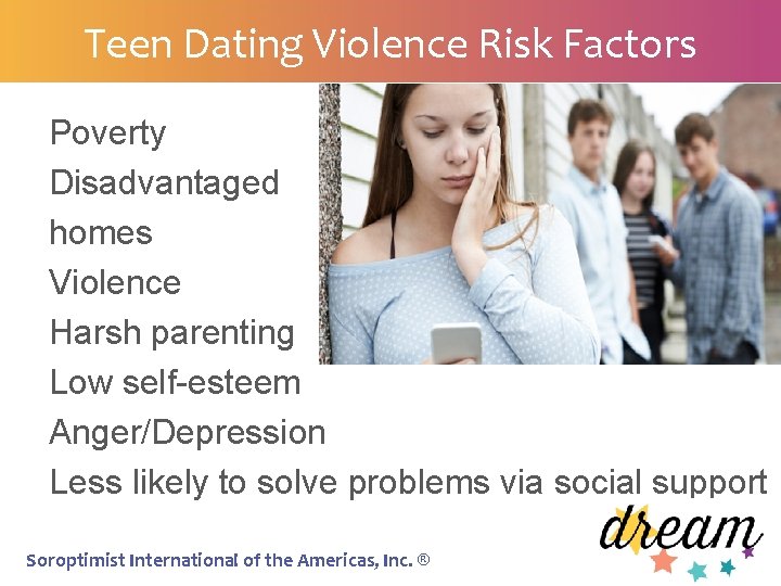 Teen Dating Violence Risk Factors Poverty Disadvantaged homes Violence Harsh parenting Low self-esteem Anger/Depression