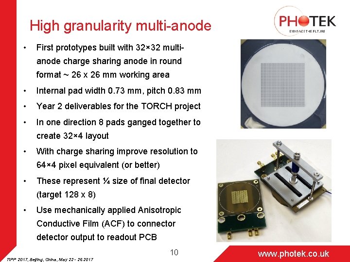 High granularity multi-anode • First prototypes built with 32× 32 multianode charge sharing anode