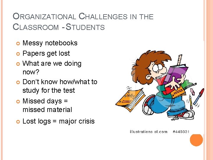 ORGANIZATIONAL CHALLENGES IN THE CLASSROOM - STUDENTS Messy notebooks Papers get lost What are