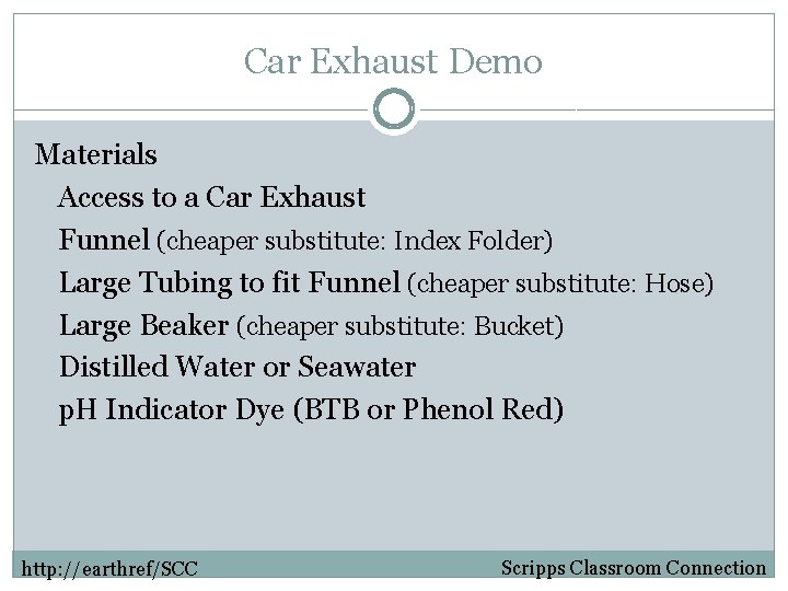 Car Exhaust Demo Materials Access to a Car Exhaust Funnel (cheaper substitute: Index Folder)