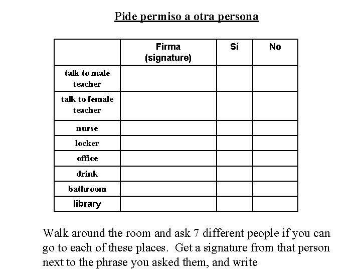 Pide permiso a otra persona Firma (signature) Sí No talk to male teacher talk