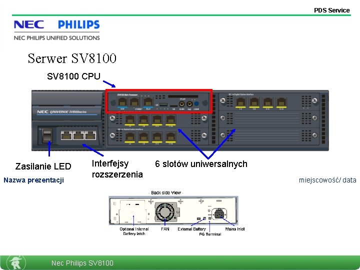 PDS Service Serwer SV 8100 CPU Zasilanie LED Nazwa prezentacji Interfejsy rozszerzenia Nec Philips