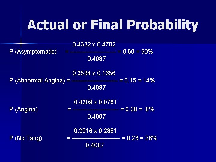Actual or Final Probability P (Asymptomatic) 0. 4332 x 0. 4702 = ------------ =