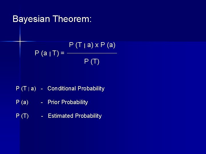Bayesian Theorem: P (T | a) x P (a) P (a | T) =