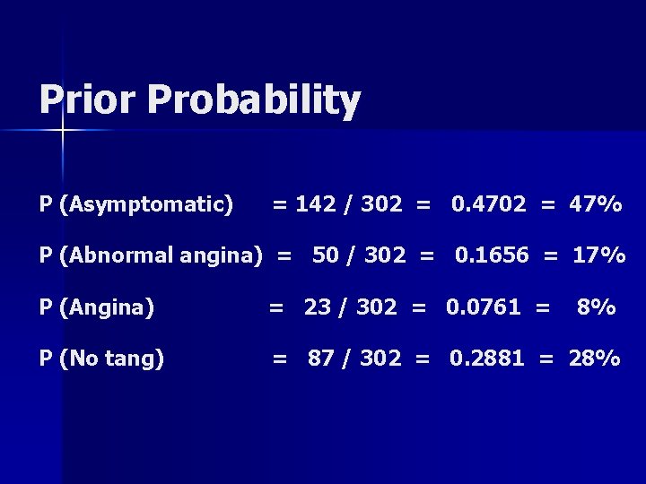 Prior Probability P (Asymptomatic) = 142 / 302 = 0. 4702 = 47% P