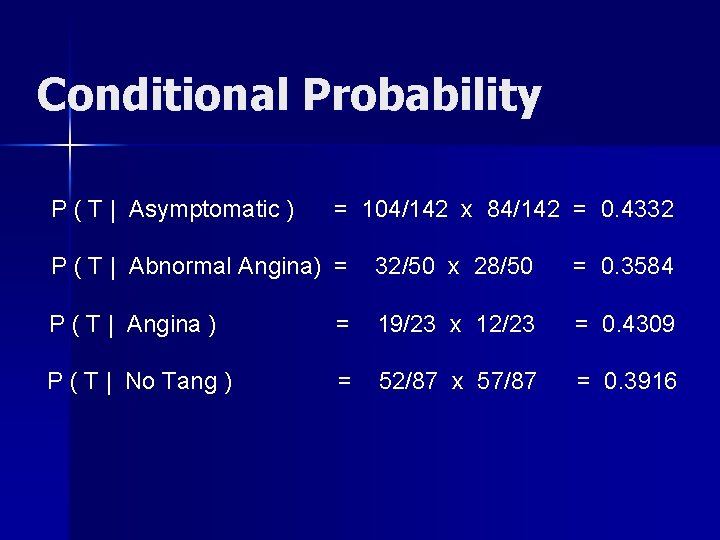 Conditional Probability P ( T | Asymptomatic ) = 104/142 x 84/142 = 0.