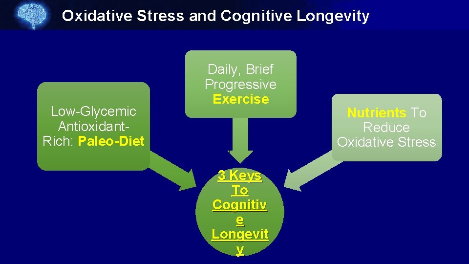 Oxidative Stress and Cognitive Longevity Low-Glycemic Antioxidant- Rich: Paleo-Diet Daily, Brief Progressive Exercise 3