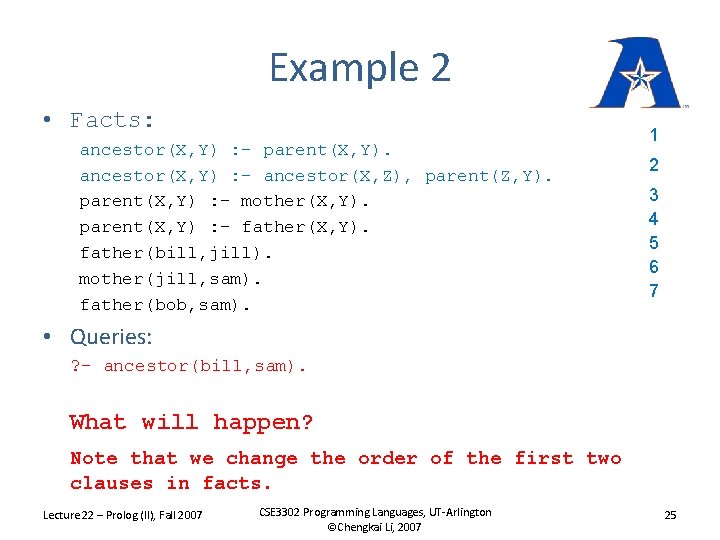 Example 2 • Facts: ancestor(X, Y) : - parent(X, Y). ancestor(X, Y) : -