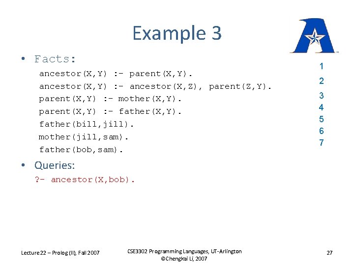 Example 3 • Facts: ancestor(X, Y) : - parent(X, Y). ancestor(X, Y) : -