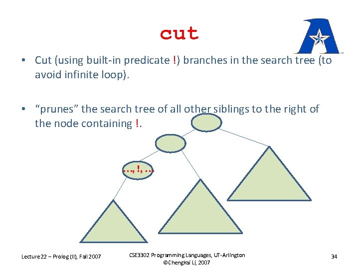 cut • Cut (using built-in predicate !) branches in the search tree (to avoid