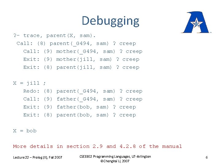 Debugging ? - trace, parent(X, sam). Call: (8) parent(_G 494, sam) ? creep Call: