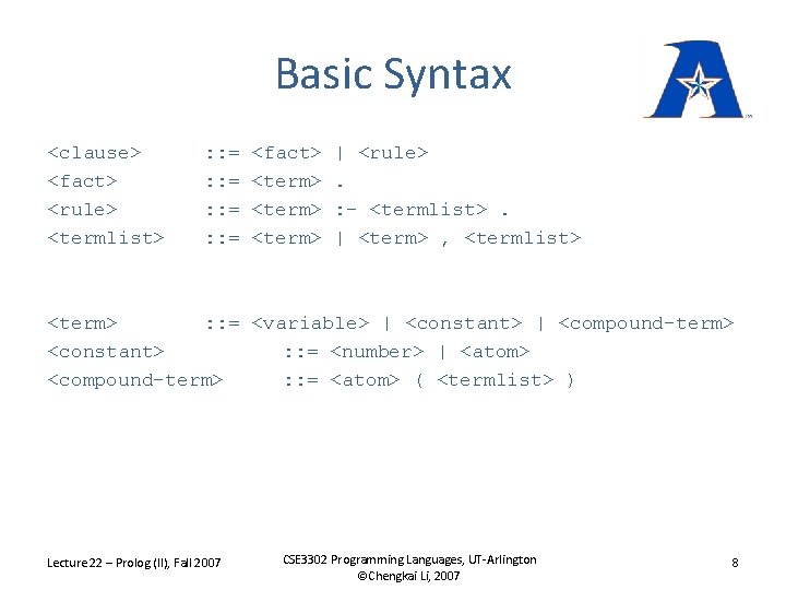 Basic Syntax <clause> <fact> <rule> <termlist> : : = <fact> <term> | <rule>. :