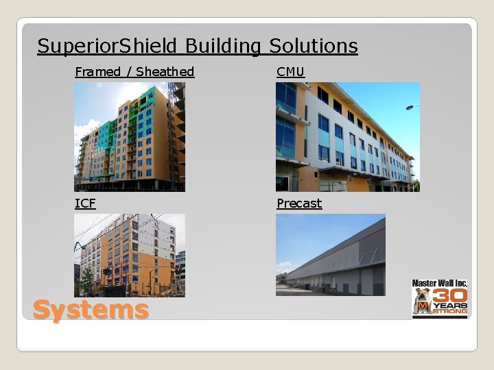 Superior. Shield Building Solutions Framed / Sheathed CMU ICF Precast Systems 