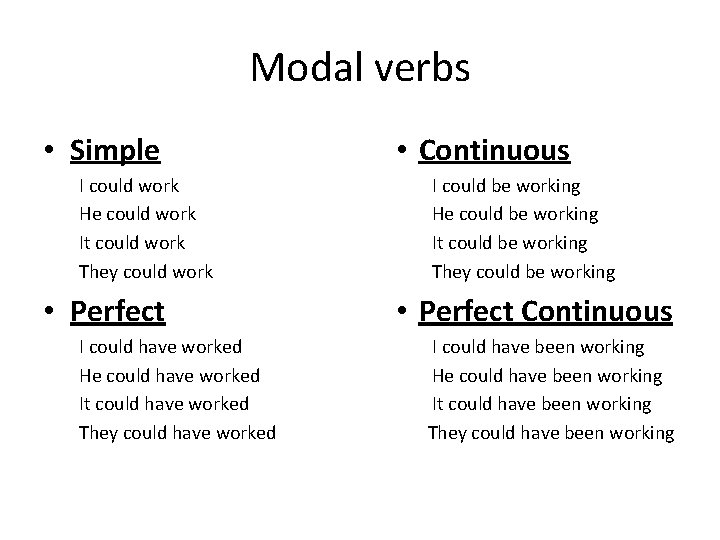 Modal verbs • Simple I could work He could work It could work They